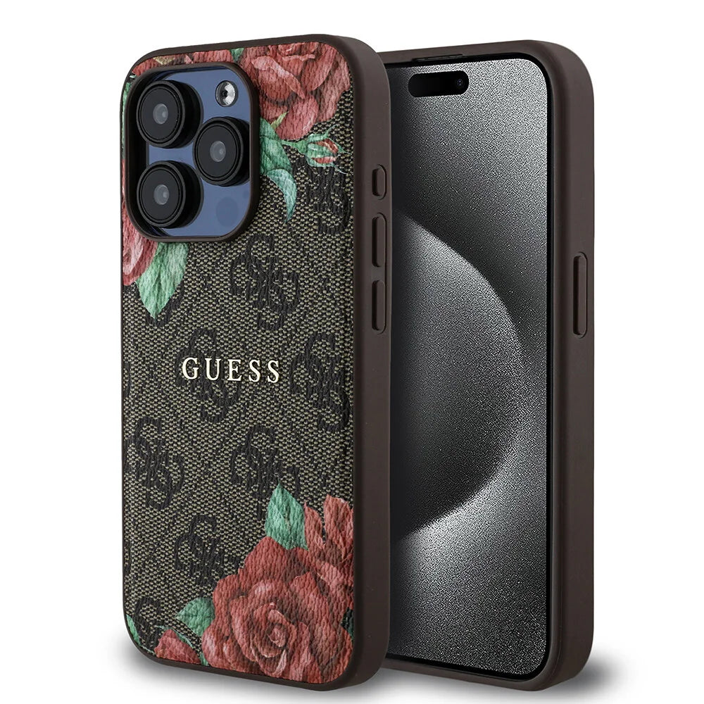 Guess GUHMP15LP4ROPEMCW 4G Flowers Print Metal Classic Logo MagSafe Case for iPhone 15 Pro Brown