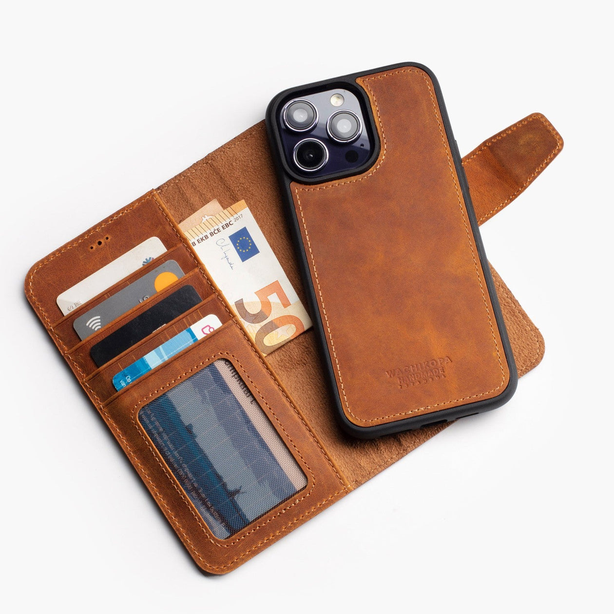 Wachikopa Leather Magic Book Case 2 in 1 for iPhone 16E Brown