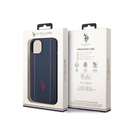 US Polo Assn USHCP14MPFAV Leather Stitch Case Full Protection iPhone 14 Plus Compatibility - Dark Blue