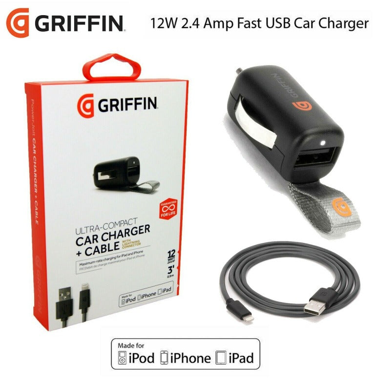 Griffin USB Car Charger 12v 2.4A + Cable with Lightining Connector