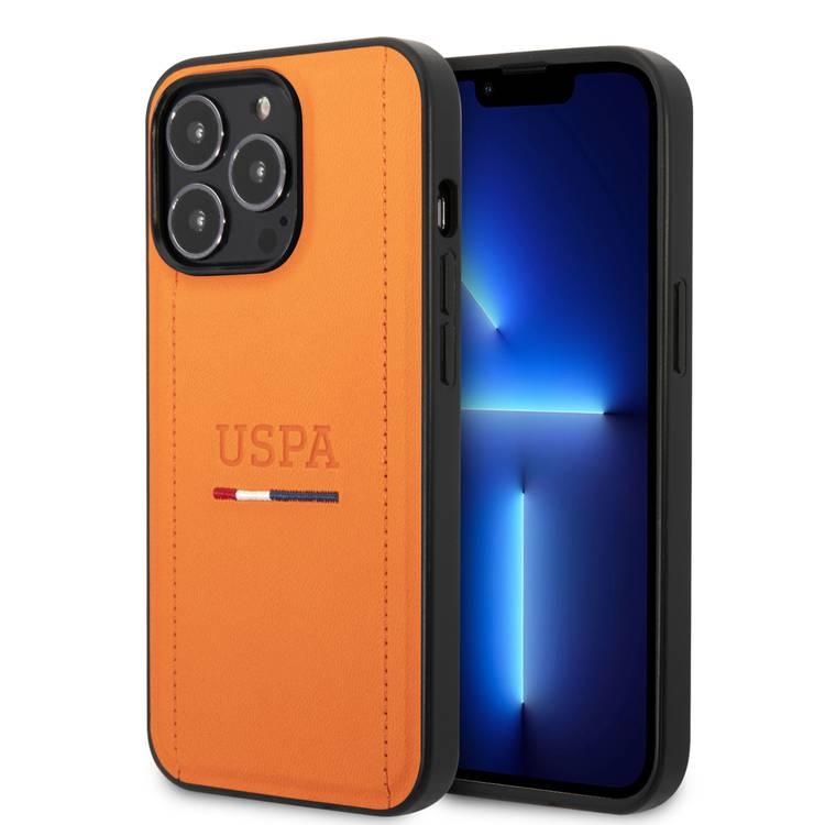 USPA PU USHCP14LPINO Leather Case with Tricolor Stitches & Initials Full Protection iPhone 14 Pro Compatibility - Orange