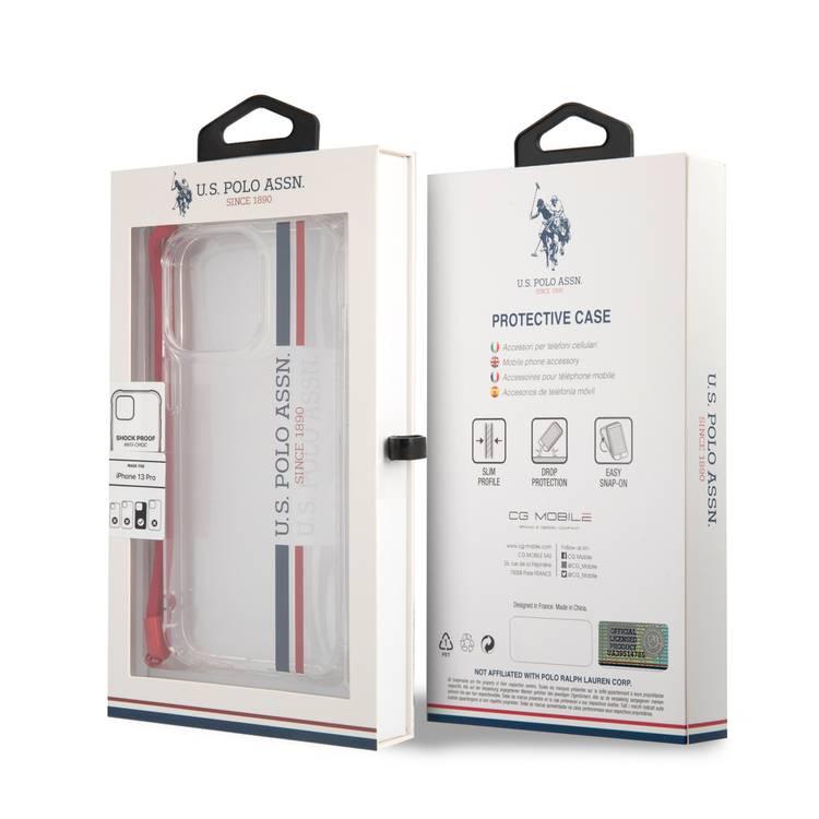 US Polo Assn USHCP13MKSTTR Stripes Logo Shiny Case with Anti-Lost Red Nylon Cord iPhone 13 Pro