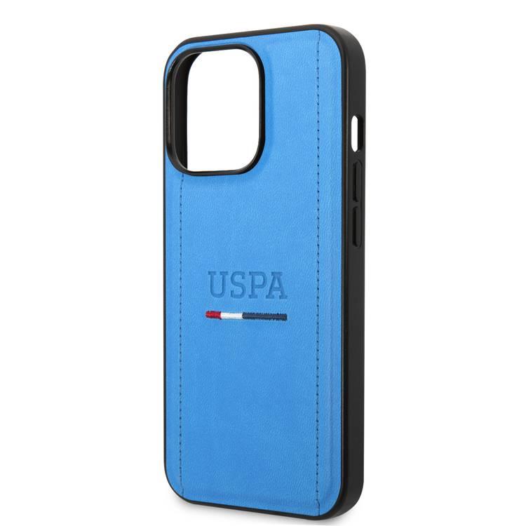 USPA PU USHCP14SPINB Leather Case with Tricolor Stitches & Initials Full Protection iPhone 14 / 15 / 13 Compatibility - Blue