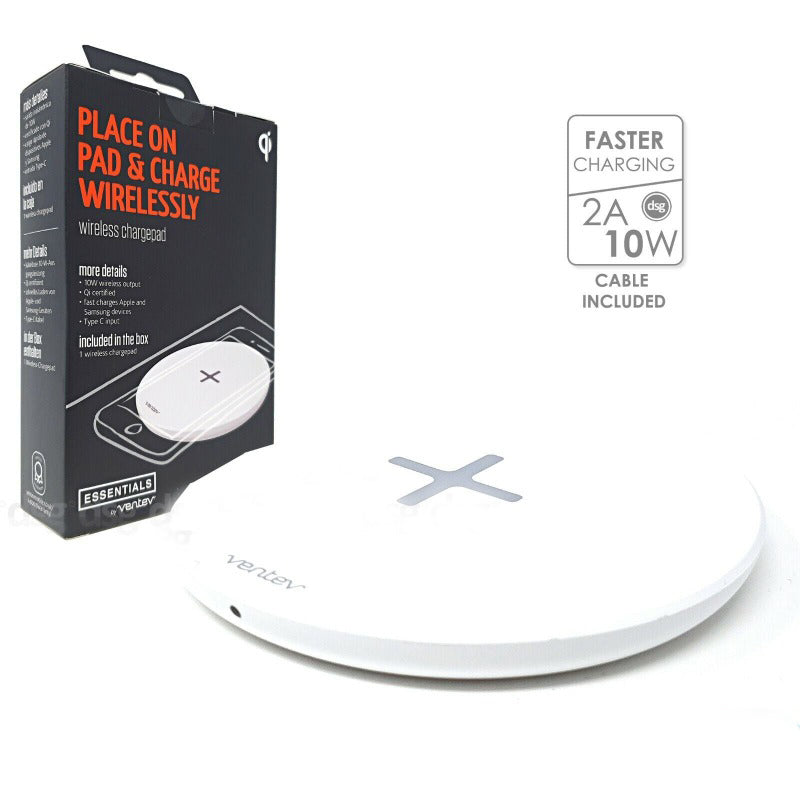 Ventev 10W Fast Wireless Charger Pad with USB-C Cable - Qi Certified - White