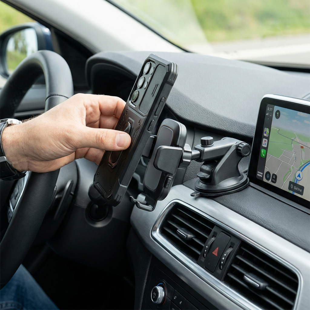 Driver’s hand placing a smartphone with a thick protective case into a sleek dashboard car holder, with navigation visible in a modern European car.