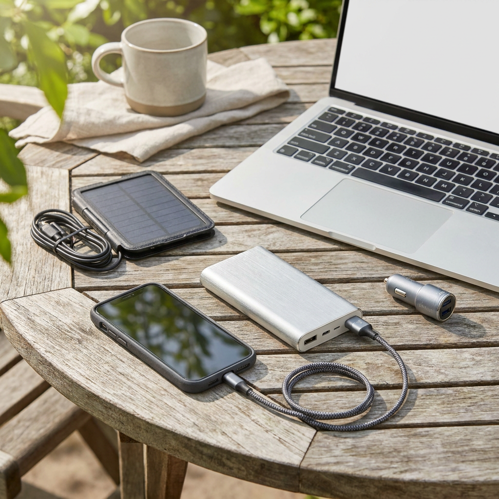 Smartphone charging from a power bank on a wooden outdoor table, with a car charger, laptop and folded solar panel nearby in soft daylight.