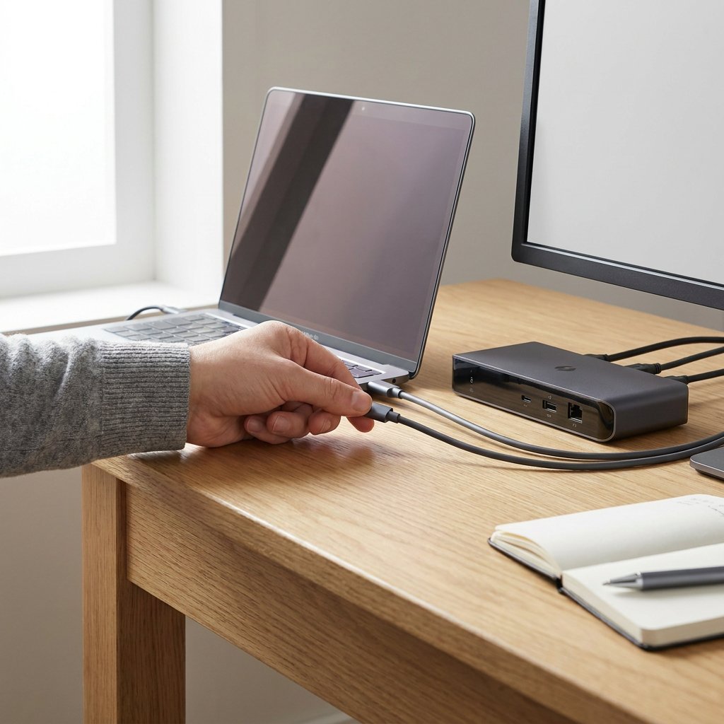 Close-up of a modern laptop desk with two similar USB-C style ports, a cable, dock and monitor setup highlighting port and cable differences.