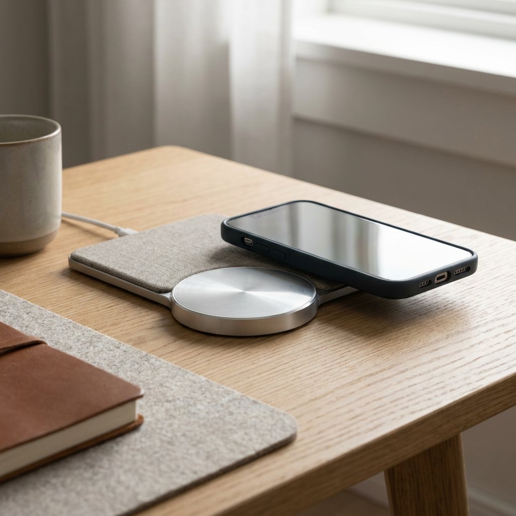 Smartphone aligned on a magnetic wireless charger beside a second charging pad on a clean desk, showing the difference between Qi2 and older charging.