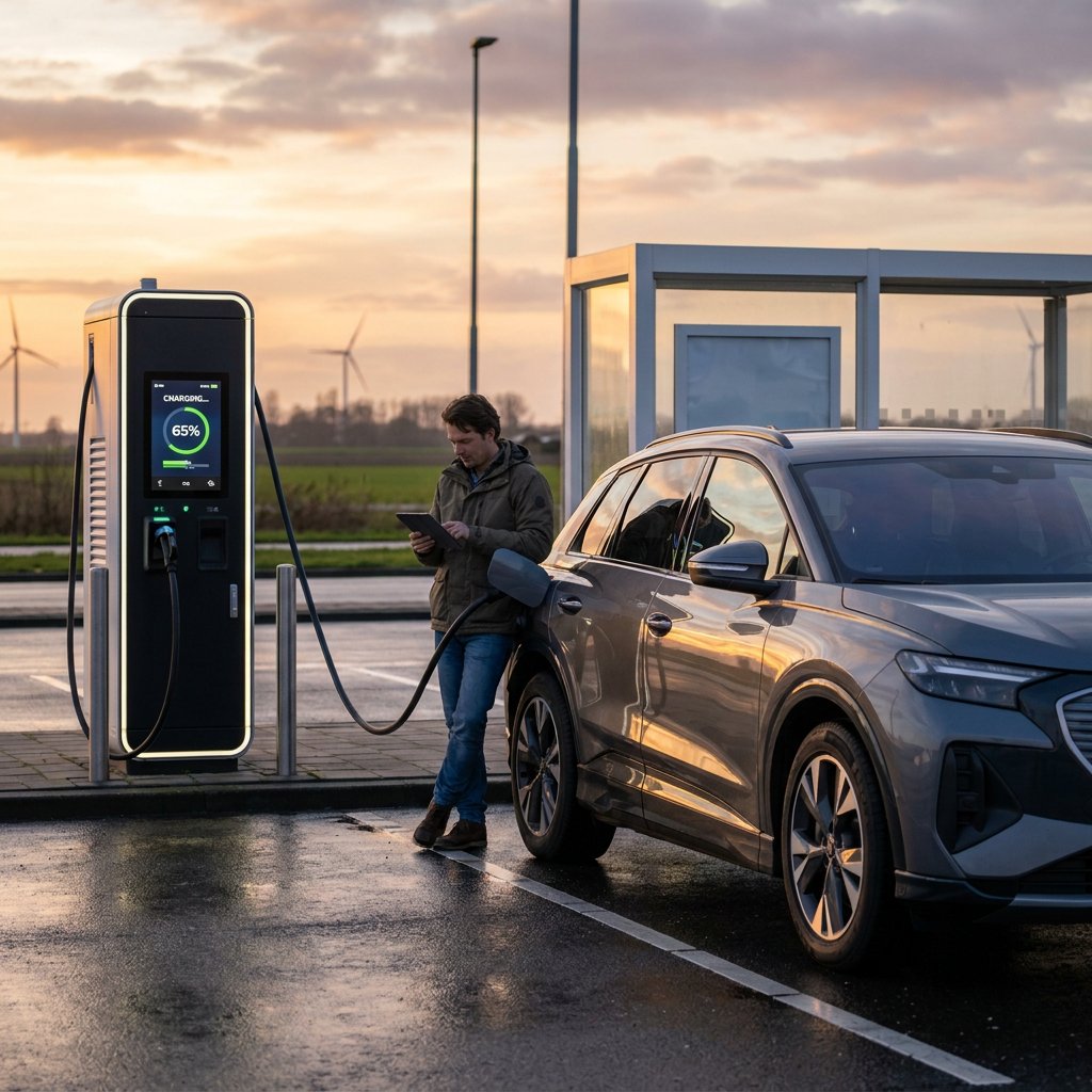 Electric car connected to a rapid charger at a modern Dutch roadside station, with a driver checking charging status in soft evening light.