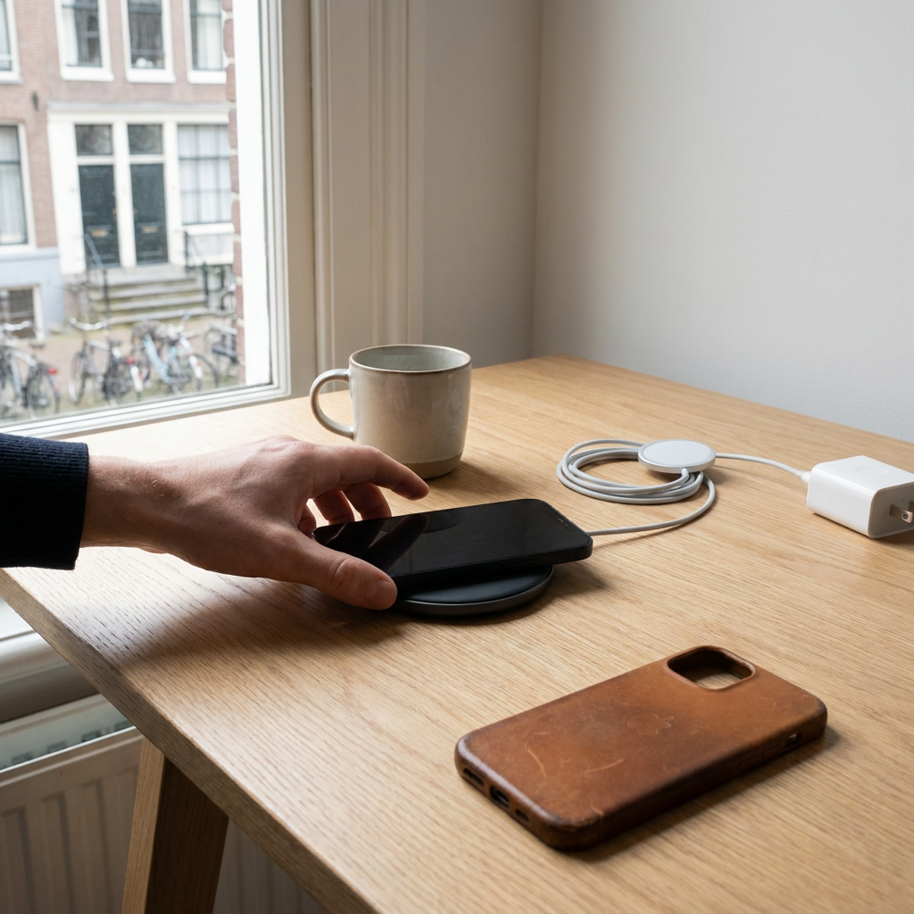 iPhone on a wireless charger on a clean desk, while a user adjusts its position beside a case and cable in soft daylight.