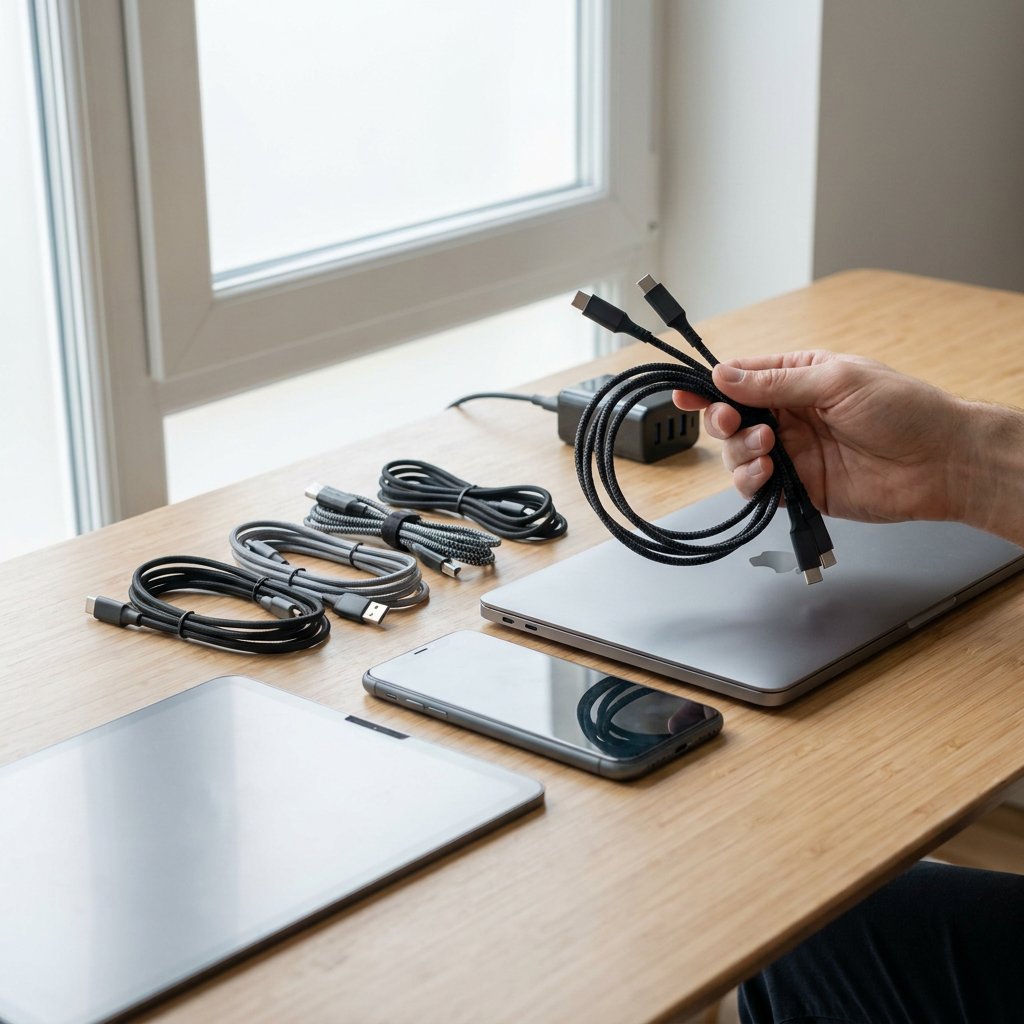 Close-up of several USB-C PD cables beside a phone, tablet and laptop on a clean desk, showing different thicknesses and a practical charging setup.