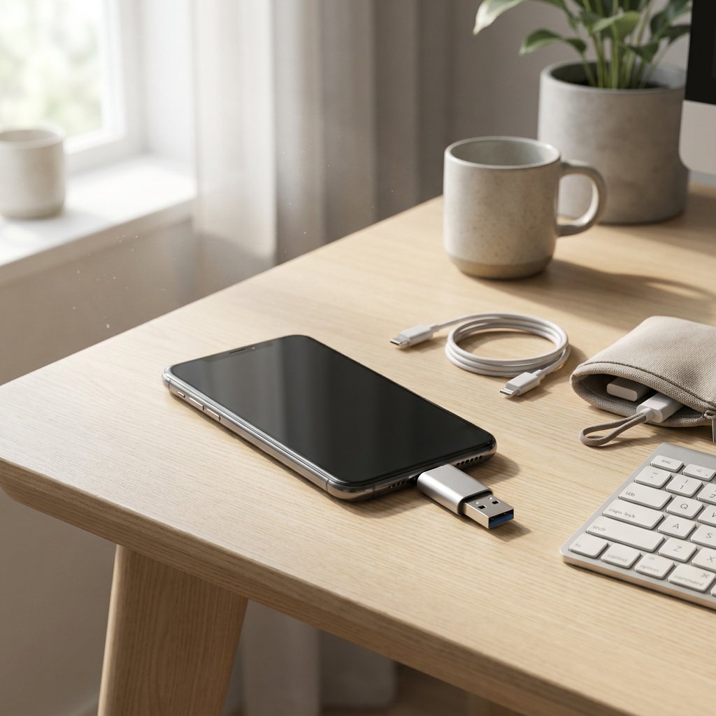 Smartphone on a clean desk connected via USB OTG adapter to a flash drive, with small mobile accessories nearby in bright natural light.