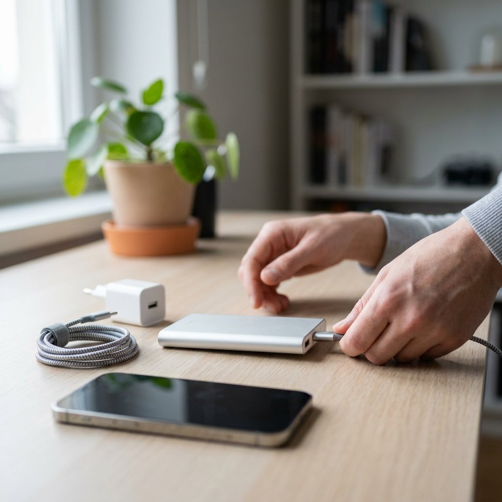 Hand connecting a USB-C cable to a slim power bank on a tidy desk beside a wall charger and smartphone, lit by soft daylight in a modern home office.