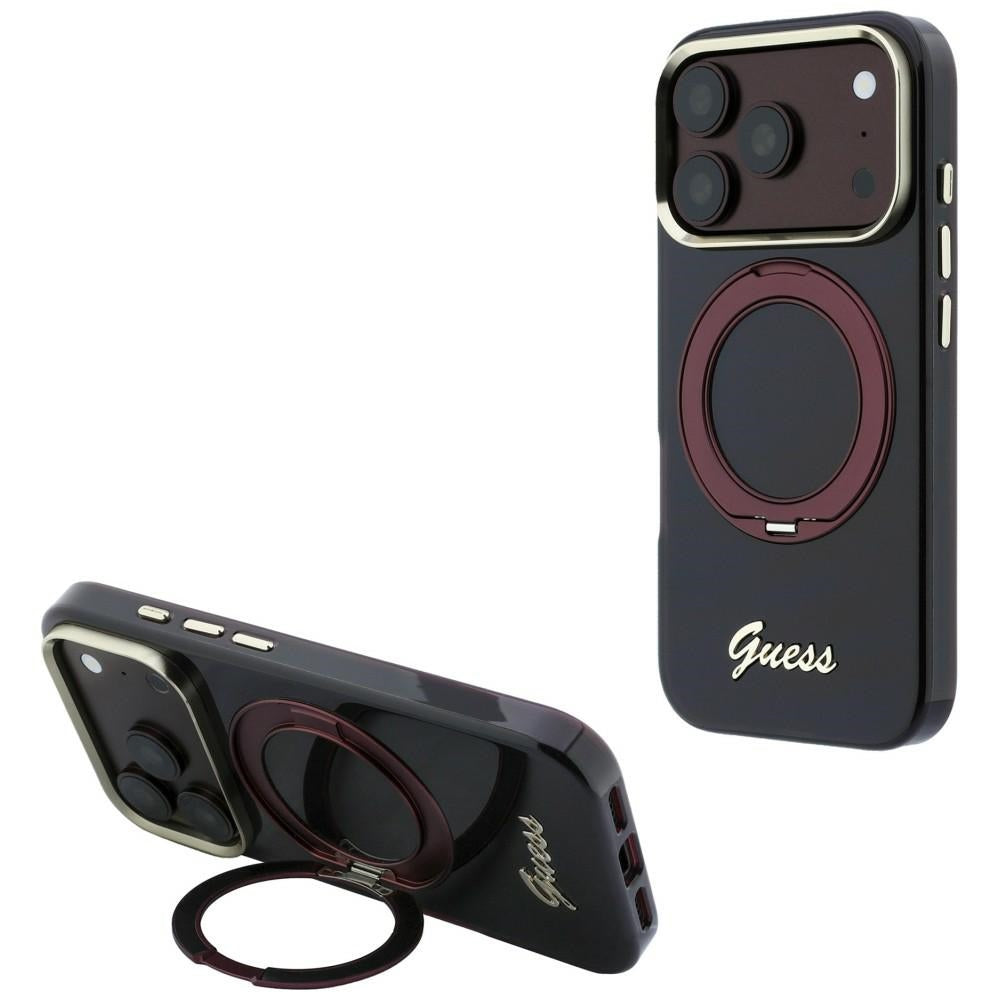 Guess IML Ring Stand 360 Script Metal Logo MagSafe for iPhone 18 Pro Max / iPhone 17 Pro Max burgundy