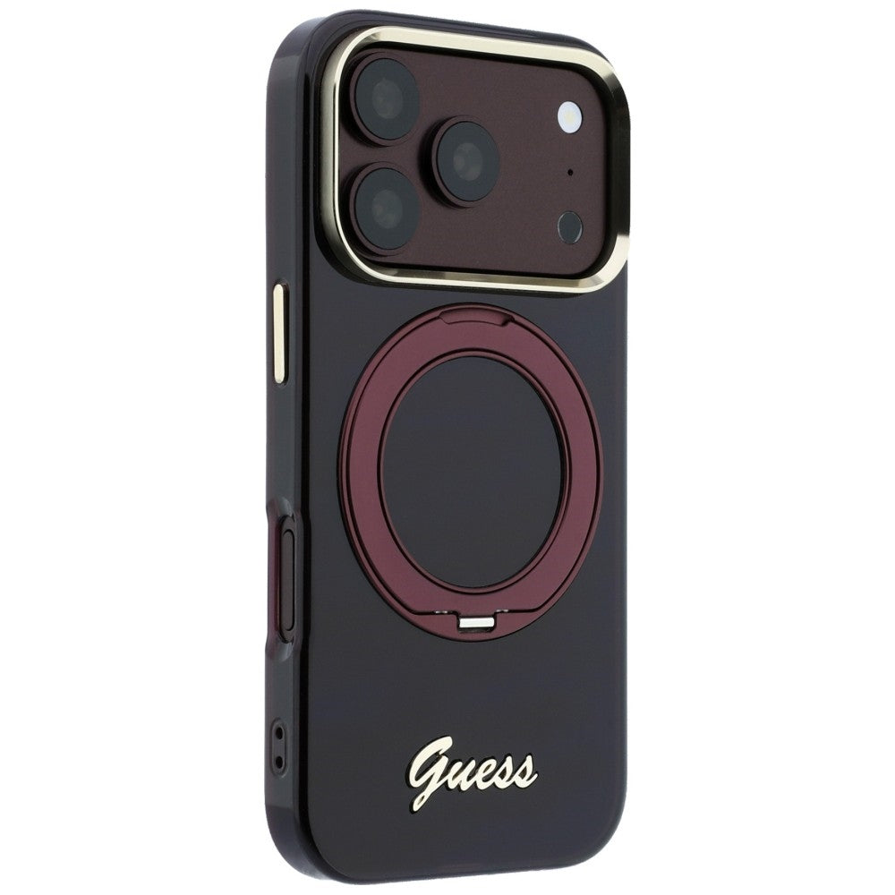 Guess IML Ring Stand 360 Script Metal Logo MagSafe for iPhone 18 Pro Max / iPhone 17 Pro Max burgundy