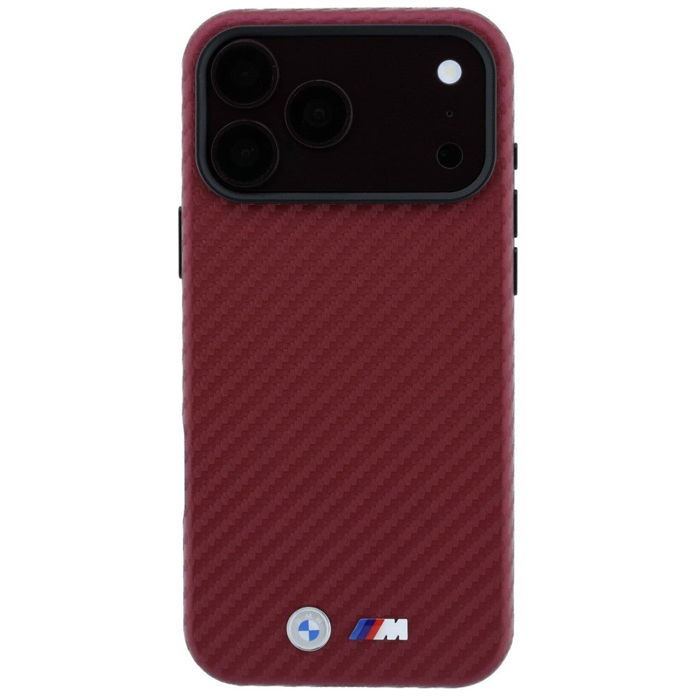 BMW M BMHMP18L26SWPCILR Carbon Metal Logo MagSafe Case for iPhone 18 Pro / 17 Pro Burgundy