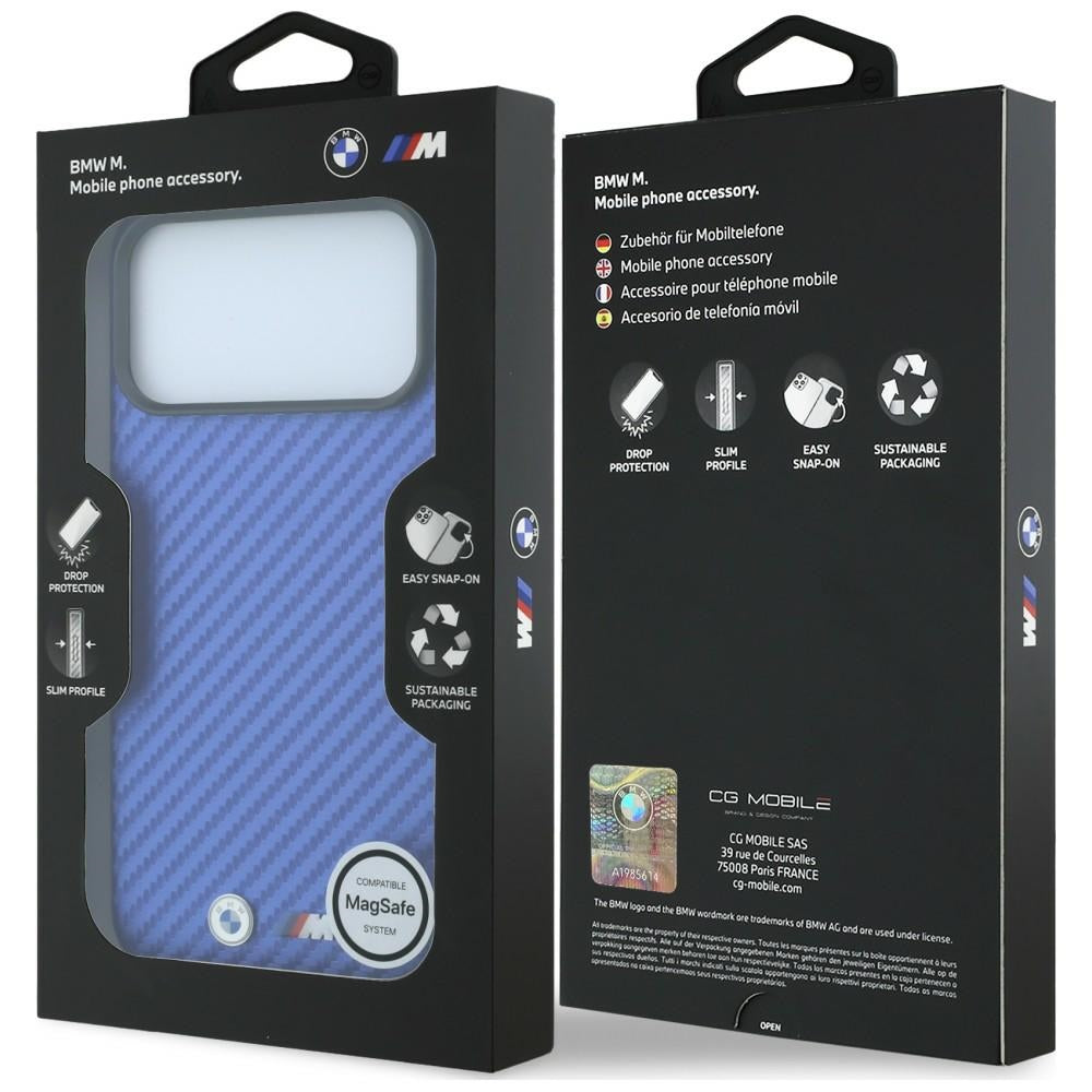 BMW M BMHMP18X26SWPCILB Carbon Metal Logo MagSafe Case for iPhone 18 Pro Max / 17 Pro Max Blue