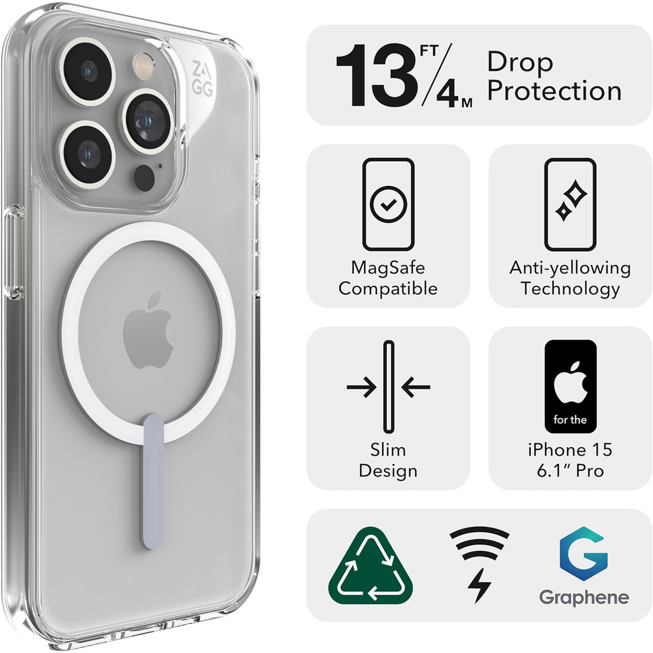 ZAGG Graphene Crystal Palace Snap MagSafe Case for iPhone 15 Pro Transparente