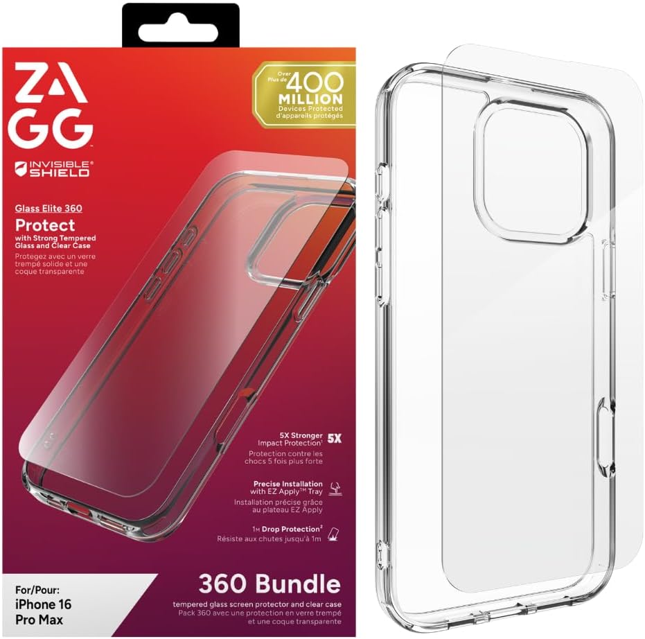 ZAGG Tempered Glass screen protector & Clear protective Case for iPhone 16 Pro Max
