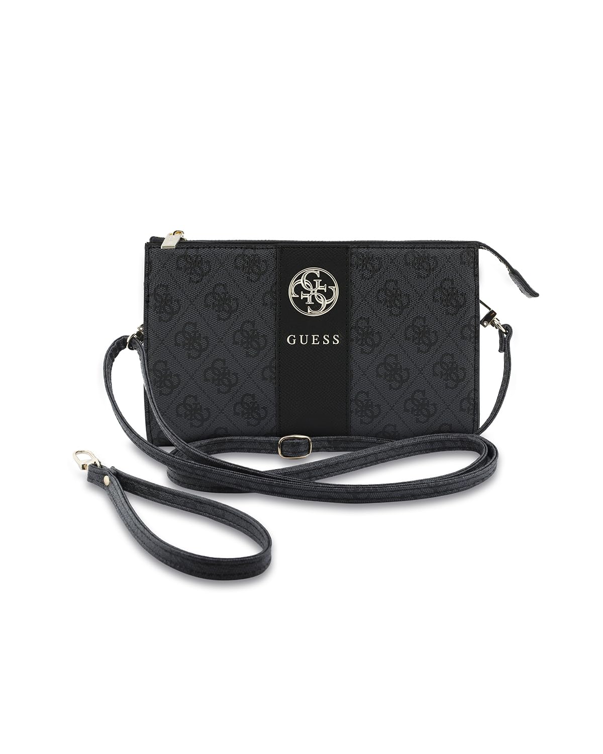 Guess Phone Pouch with Crossbody Strap, PU Leather With Middle Stripe, 4G Metal Round & Classic Logo & Strap Black