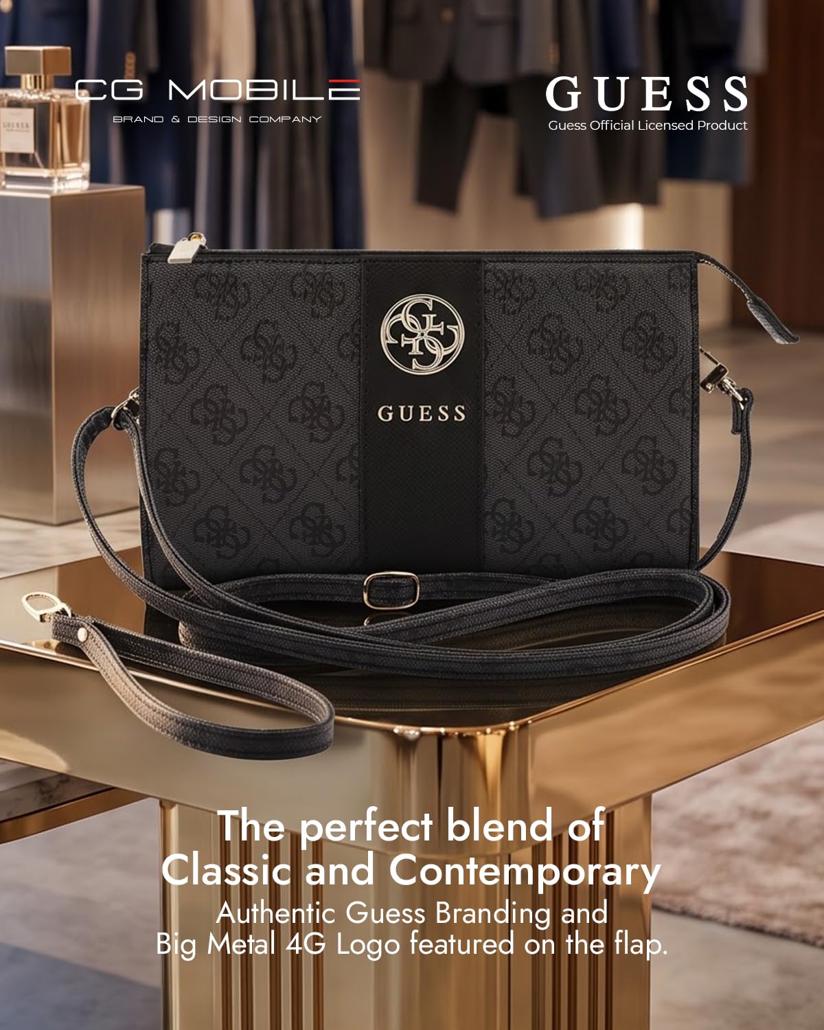 Guess Phone Pouch with Crossbody Strap, PU Leather With Middle Stripe, 4G Metal Round & Classic Logo & Strap Black