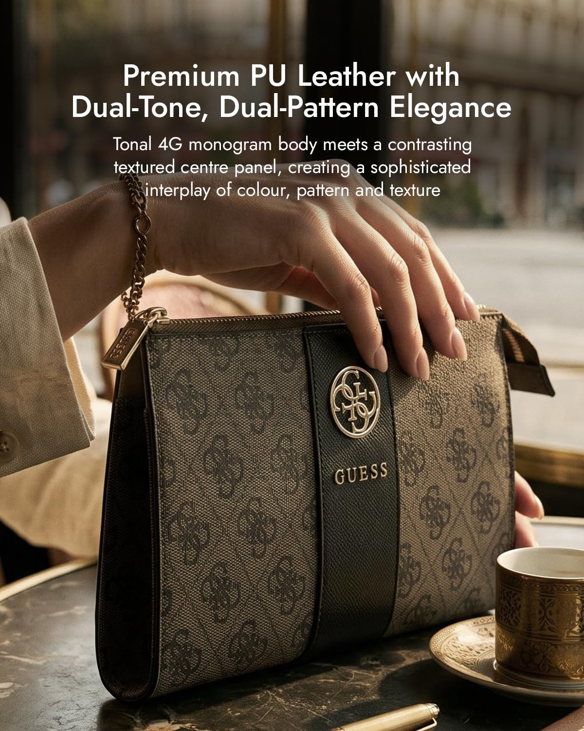 Guess Phone Pouch with Crossbody Strap, PU Leather With Middle Stripe, 4G Metal Round & Classic Logo & Strap Brown
