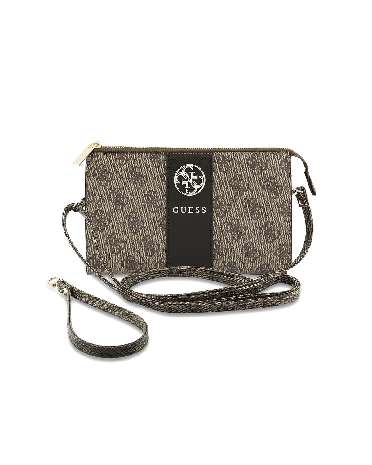 Guess Phone Pouch with Crossbody Strap, PU Leather With Middle Stripe, 4G Metal Round & Classic Logo & Strap Brown