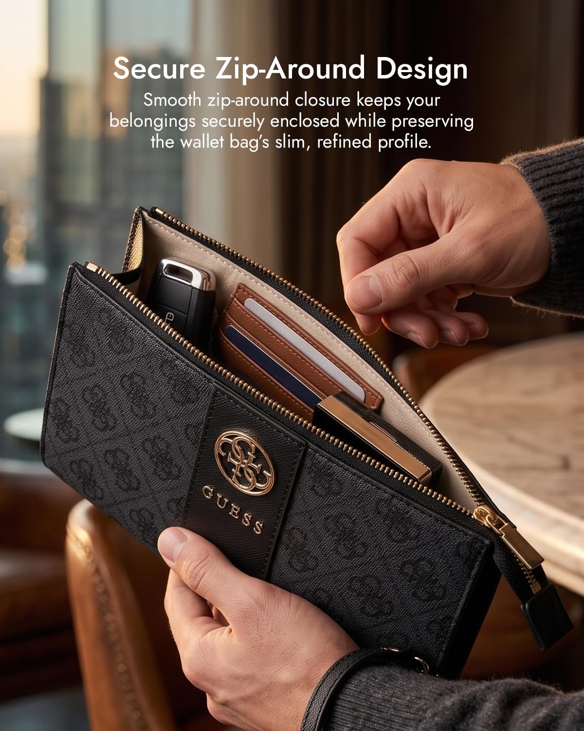 Guess Phone Pouch with Crossbody Strap, PU Leather With Middle Stripe, 4G Metal Round & Classic Logo & Strap Black