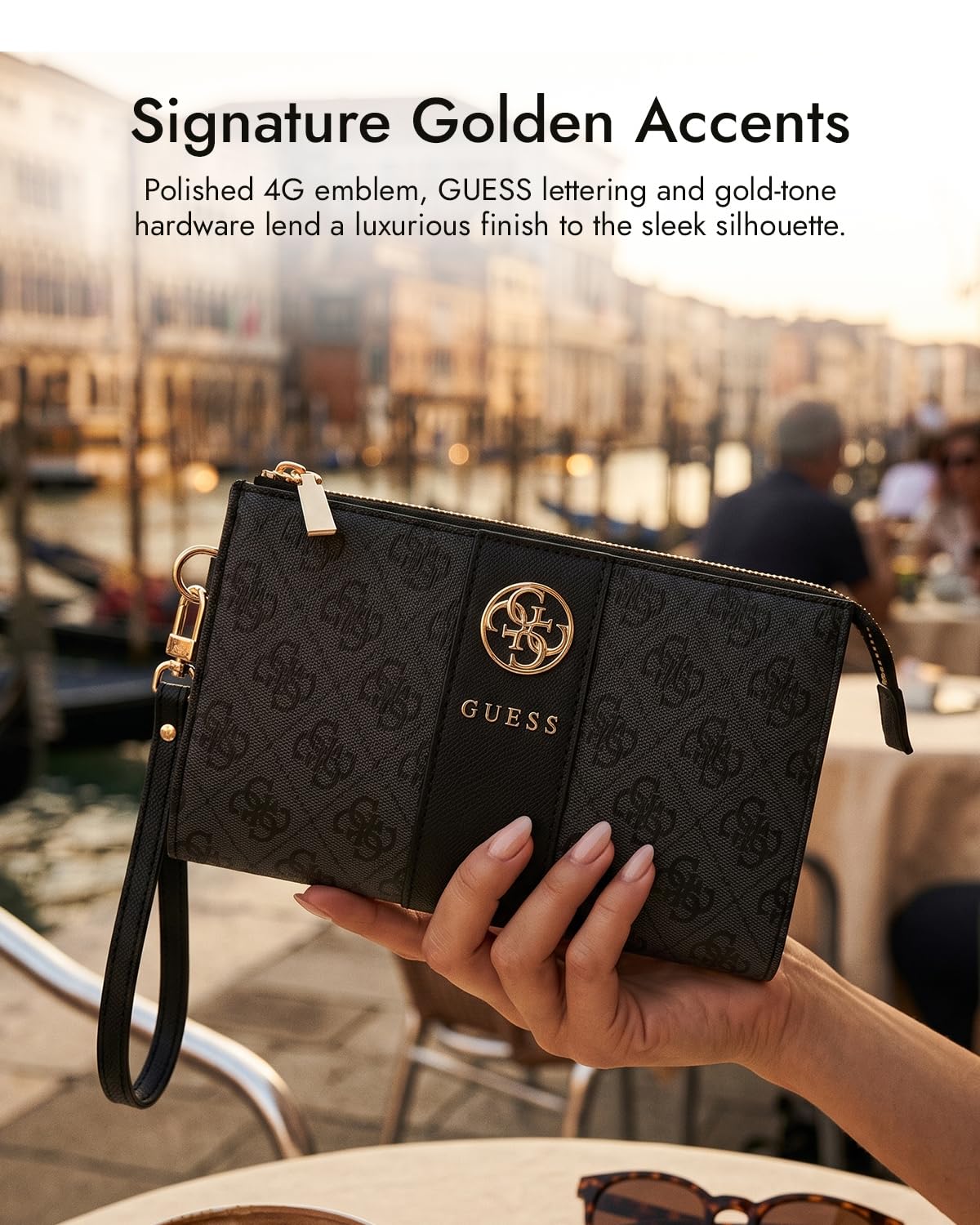 Guess Phone Pouch with Crossbody Strap, PU Leather With Middle Stripe, 4G Metal Round & Classic Logo & Strap Black
