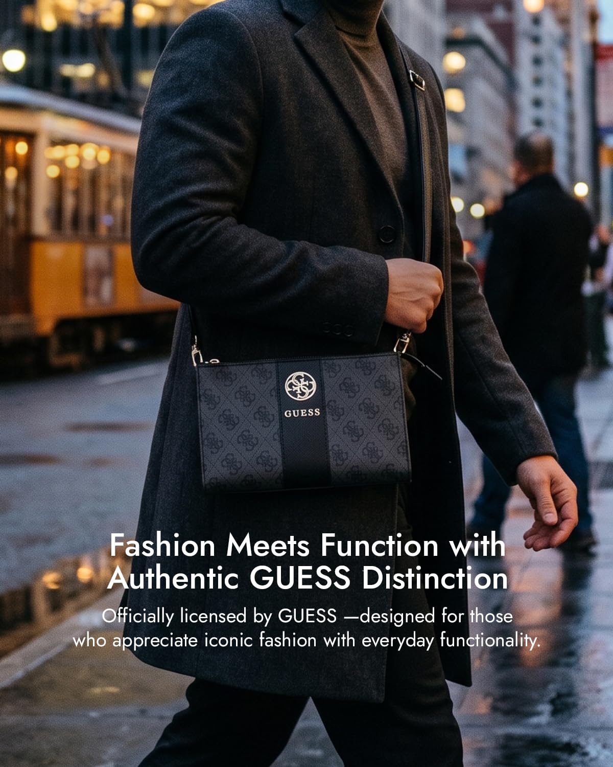 Guess Phone Pouch with Crossbody Strap, PU Leather With Middle Stripe, 4G Metal Round & Classic Logo & Strap Black