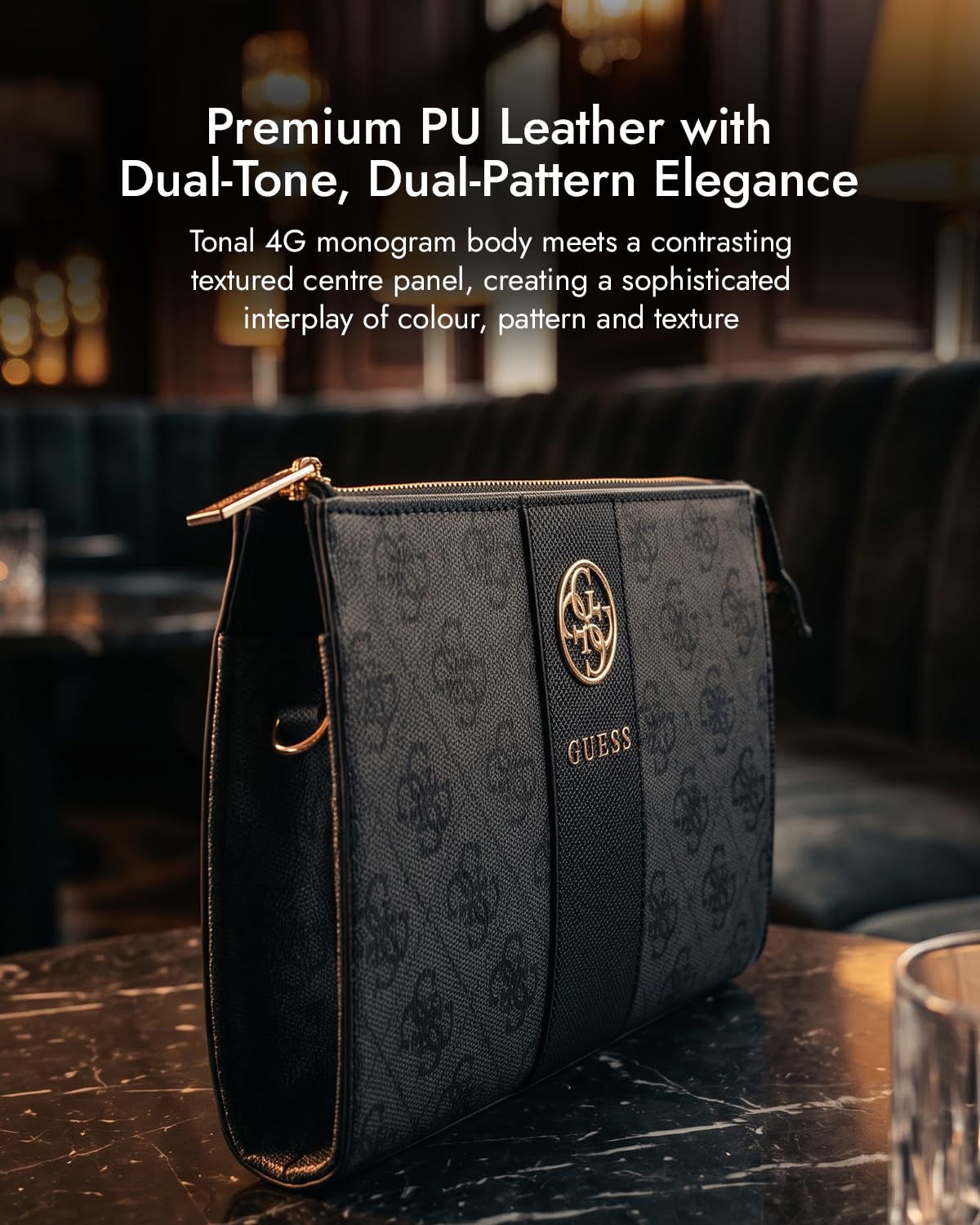 Guess Phone Pouch with Crossbody Strap, PU Leather With Middle Stripe, 4G Metal Round & Classic Logo & Strap Black