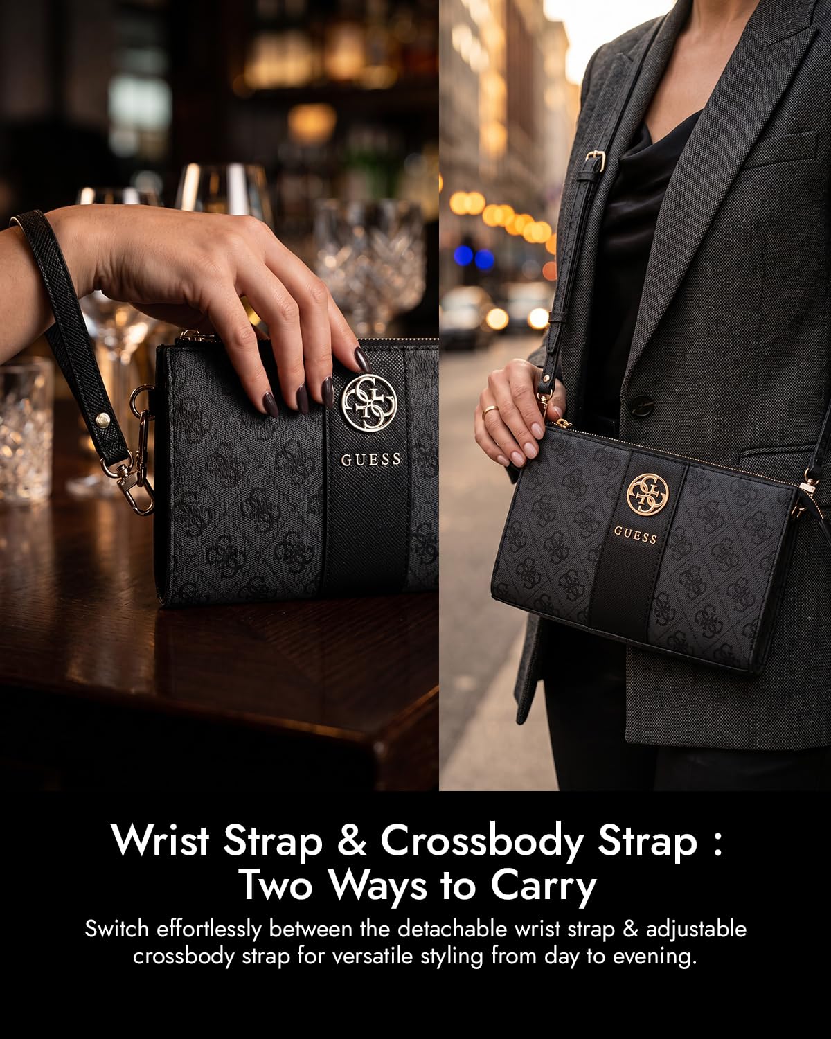 Guess Phone Pouch with Crossbody Strap, PU Leather With Middle Stripe, 4G Metal Round & Classic Logo & Strap Black