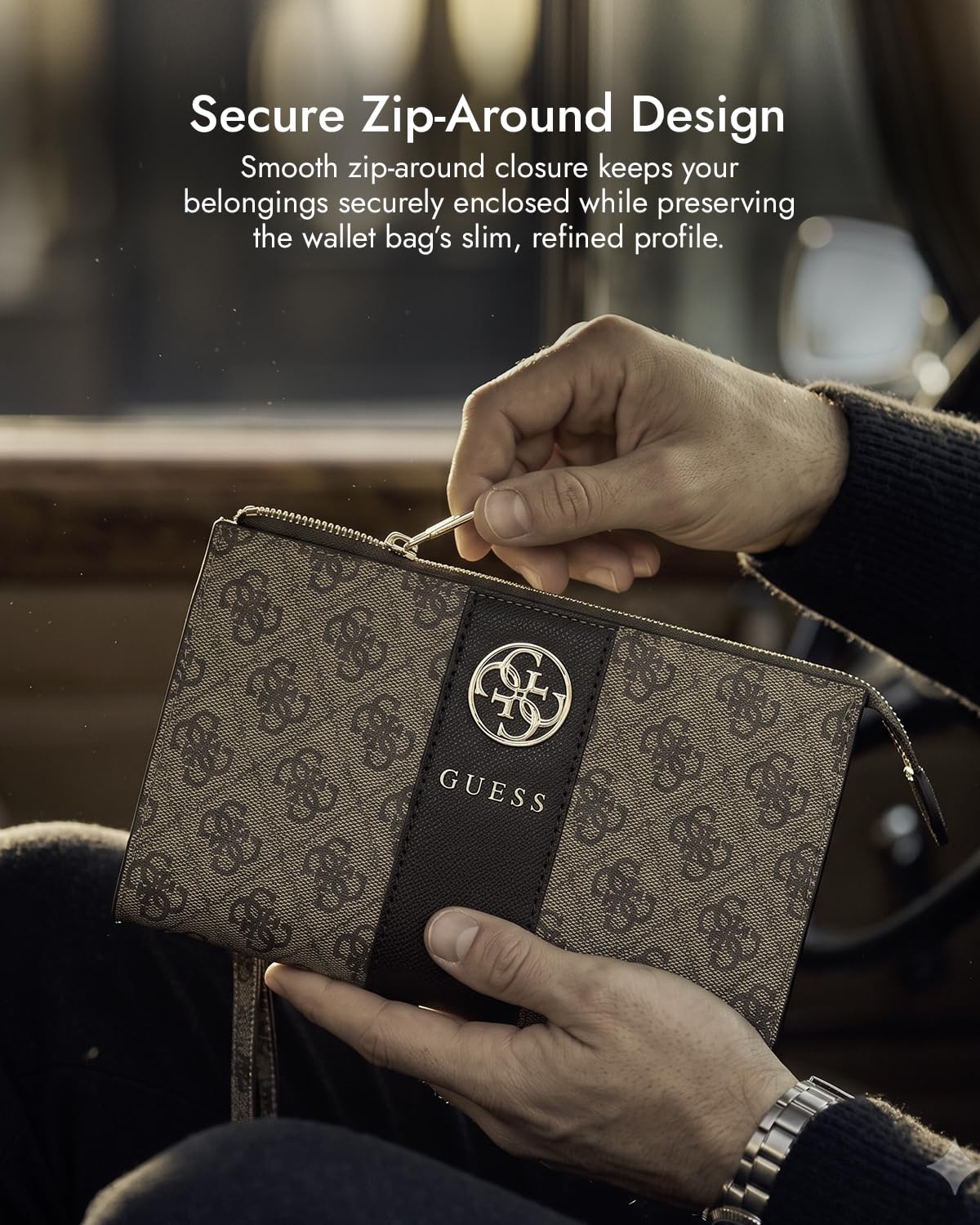 Guess Phone Pouch with Crossbody Strap, PU Leather With Middle Stripe, 4G Metal Round & Classic Logo & Strap Brown