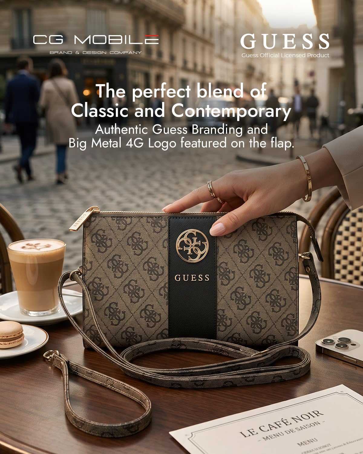 Guess Phone Pouch with Crossbody Strap, PU Leather With Middle Stripe, 4G Metal Round & Classic Logo & Strap Brown