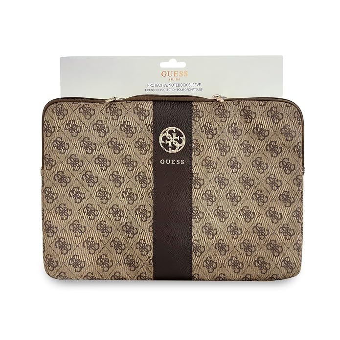 Guess Laptop Sleeve Zipper Pocket & Iconic Triangle Metal Logo Brown 14
