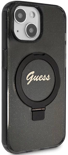 GUESS GUHMP15SHRSGSK hardcase Ring Stand Script Glitter MagSafe Case Black for iPhone 15 / 14 / 13
