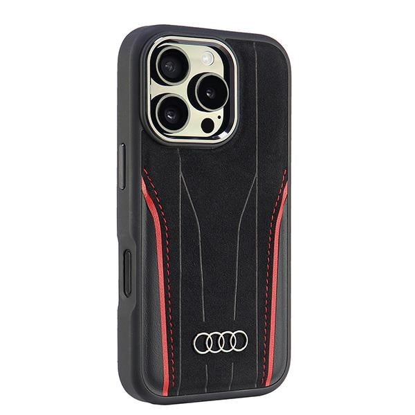 Audi Genuine Leather MagSafe iPhone 16 Pro black-red hardcase AU-TPUPCMIP16P-R8/D3-RD