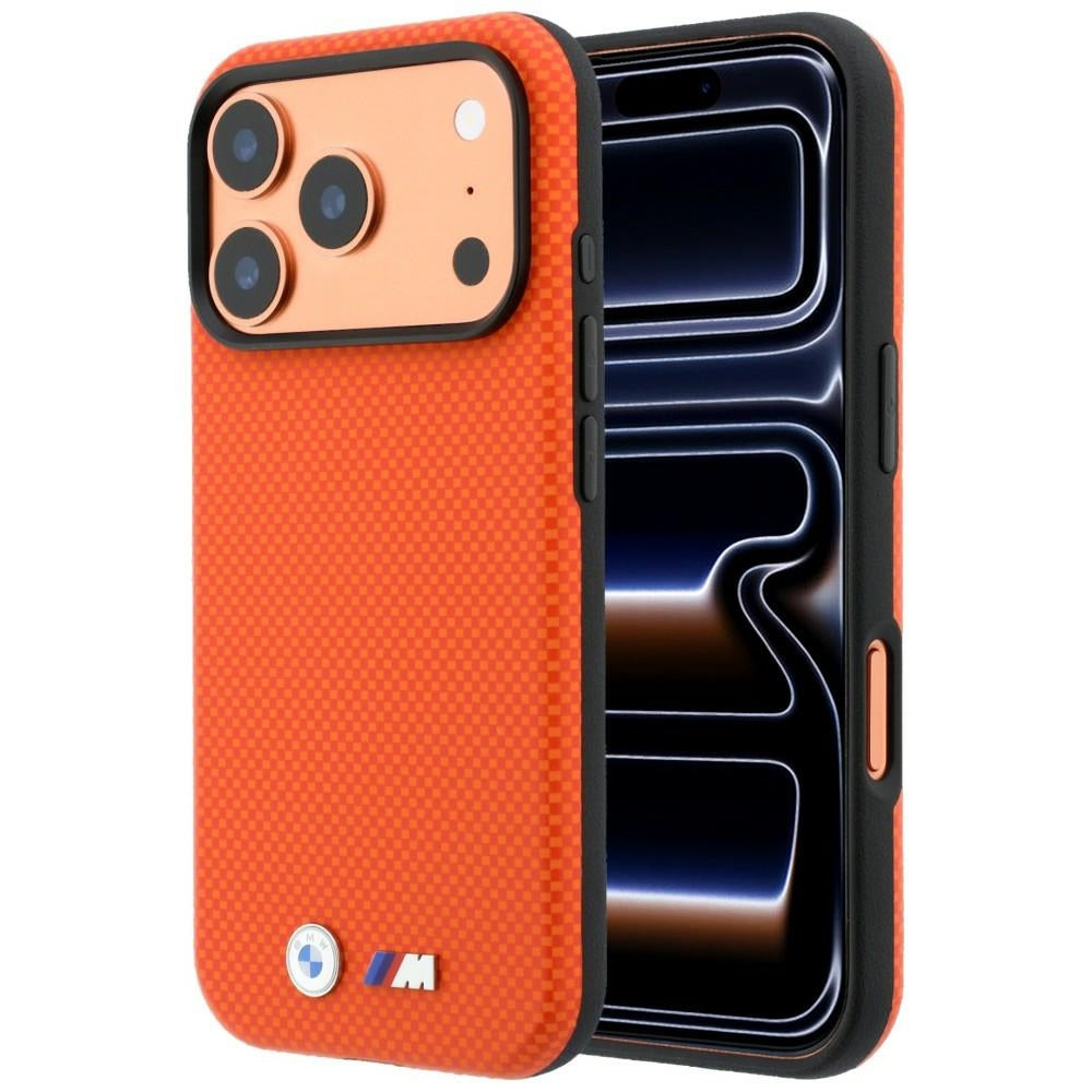 BMW BMHMP18X25SWPUKEO M Quadrille Kevlar Metal Logo MagSafe Case for iPhone 18 Pro Max / 17 Pro Max Orange