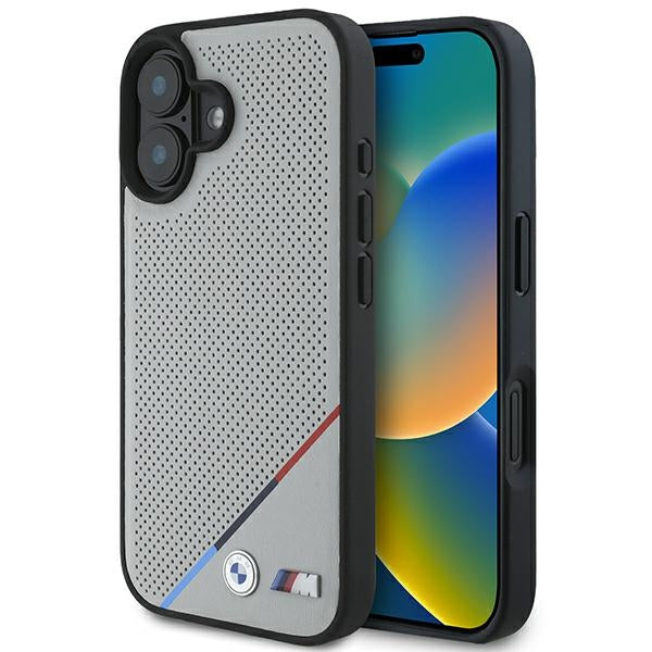 BMW BMHMP16S23PUPDG iPhone 16 grey hardcase M Perforated Tricolor Line MagSafe