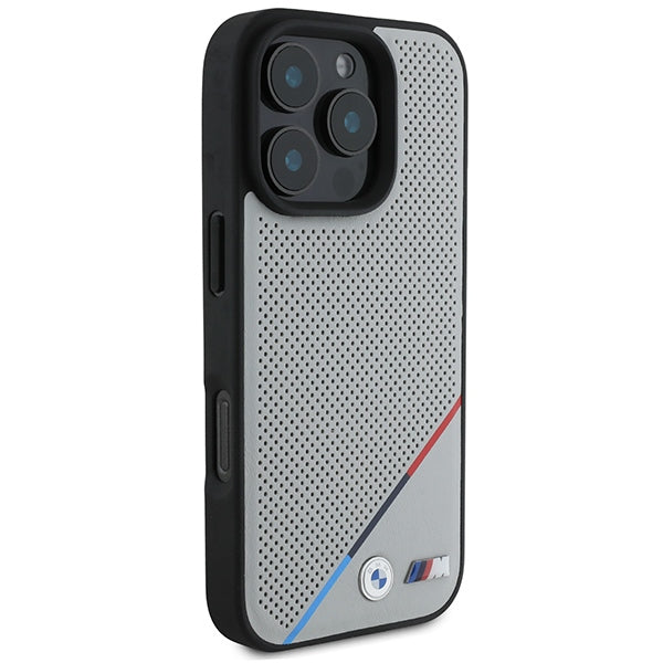 BMW BMHMP16L23PUPDG iPhone 16 Pro grey hardcase M Perforated Tricolor Line MagSafe