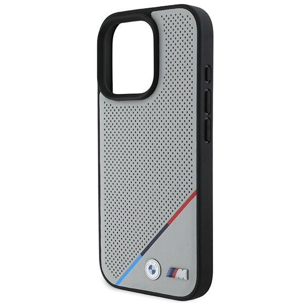 BMW BMHMP16L23PUPDG iPhone 16 Pro grey hardcase M Perforated Tricolor Line MagSafe