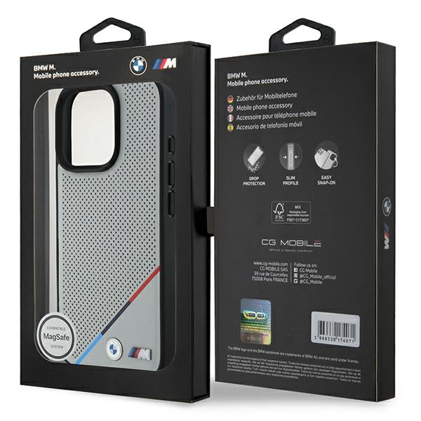 BMW BMHMP16L23PUPDG iPhone 16 Pro grey hardcase M Perforated Tricolor Line MagSafe