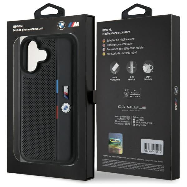 BMW BMHCP16S23PUPVK iPhone 16 black hardcase M Perforated Tricolor Detail Line