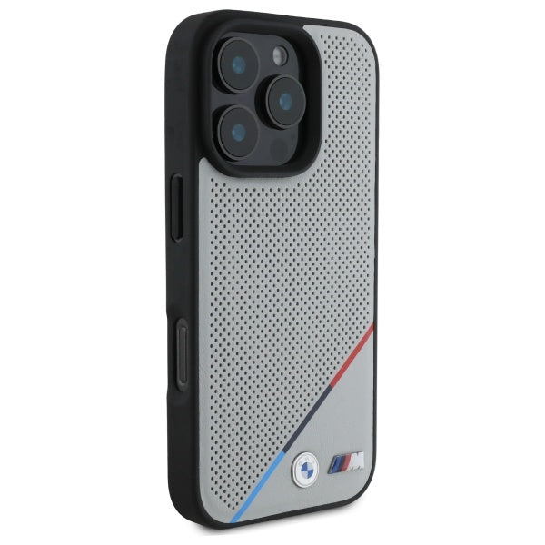 BMW BMHMP16X23PUPDG iPhone 16 Pro Max grey hardcase M Perforated Tricolor Line MagSafe