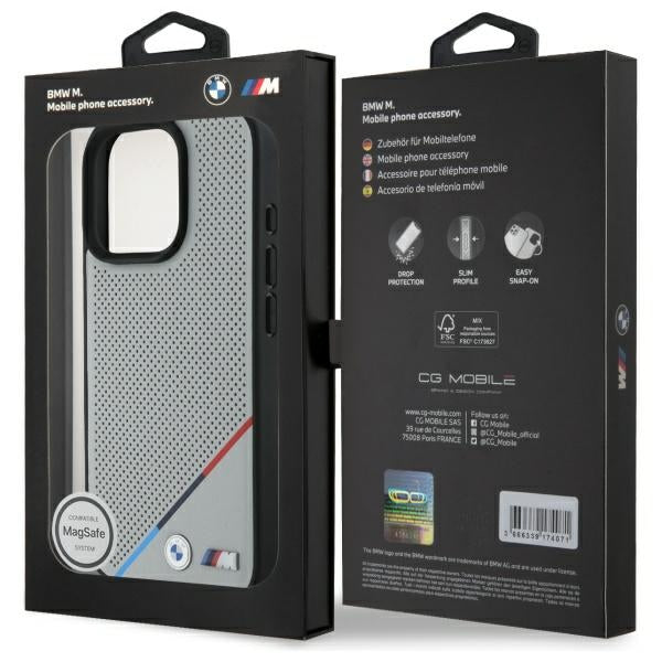 BMW BMHMP16X23PUPDG iPhone 16 Pro Max grey hardcase M Perforated Tricolor Line MagSafe