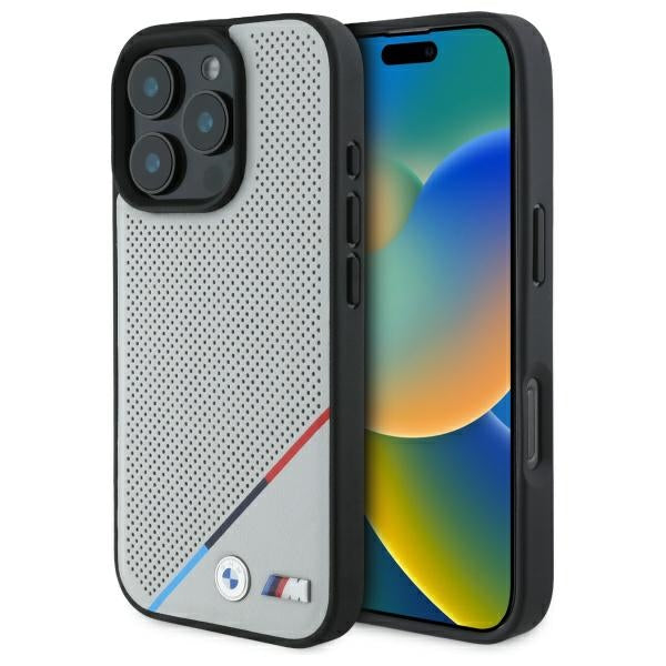 BMW BMHMP16X23PUPDG iPhone 16 Pro Max grey hardcase M Perforated Tricolor Line MagSafe