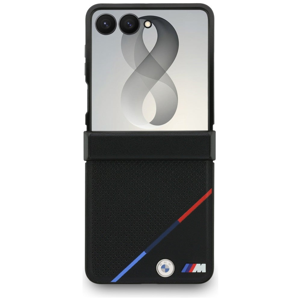BMW M Leather Perforated Tricolor Stripe Metal Logos MagSafe Case for Samsung Galaxy Z Flip8 Black