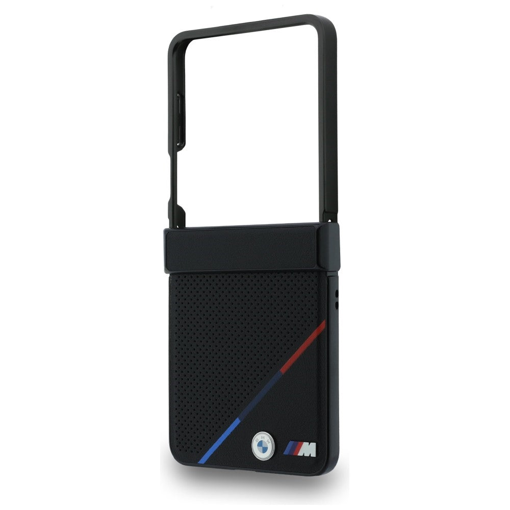 BMW M Leather Perforated Tricolor Stripe Metal Logos MagSafe Case for Samsung Galaxy Z Flip8 Black