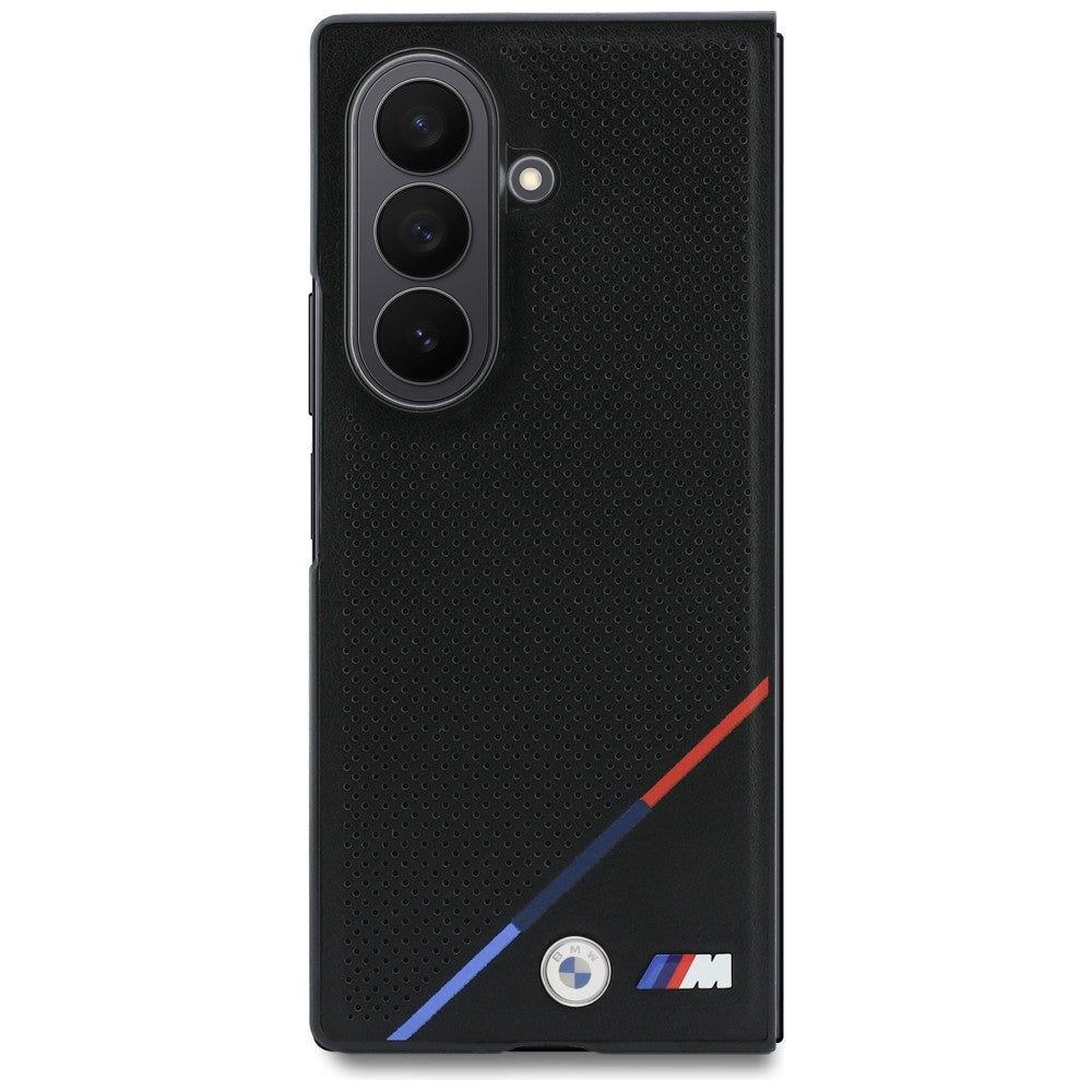 BMW M Leather Perforated Tricolor Stripe Metal Logos MagSafe case for Samsung Galaxy Z Fold8 Ultra black