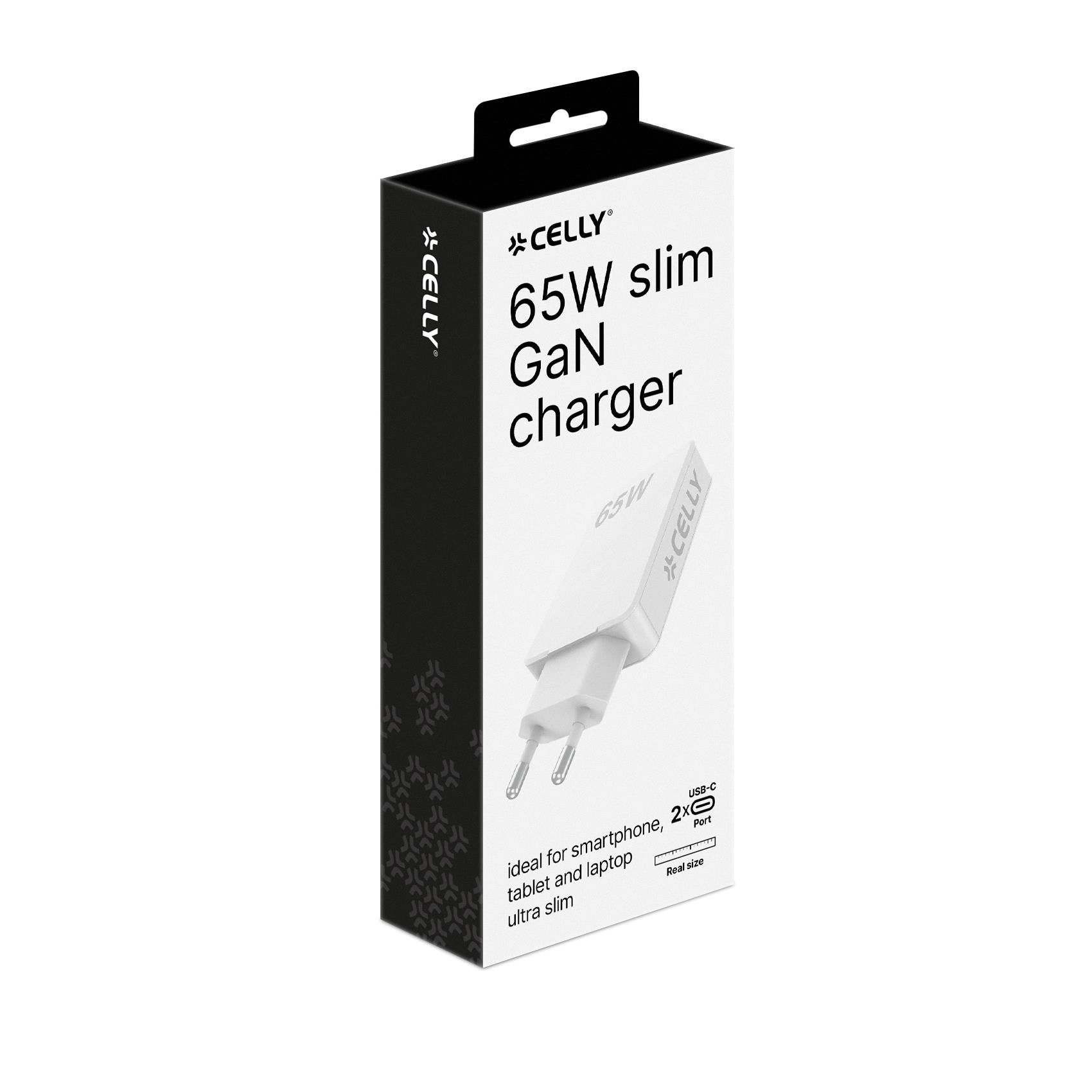 Celly SLIMTC2C65W - Slim wall charger with dual USB-C ports, 1 cm wide, GaN technology, 65W